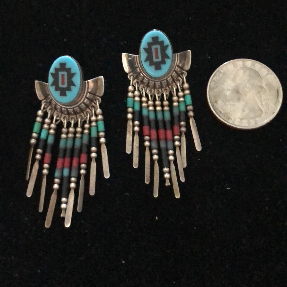 Native American SS earrings EUC turquoise coral & onyx 🌺final reduction